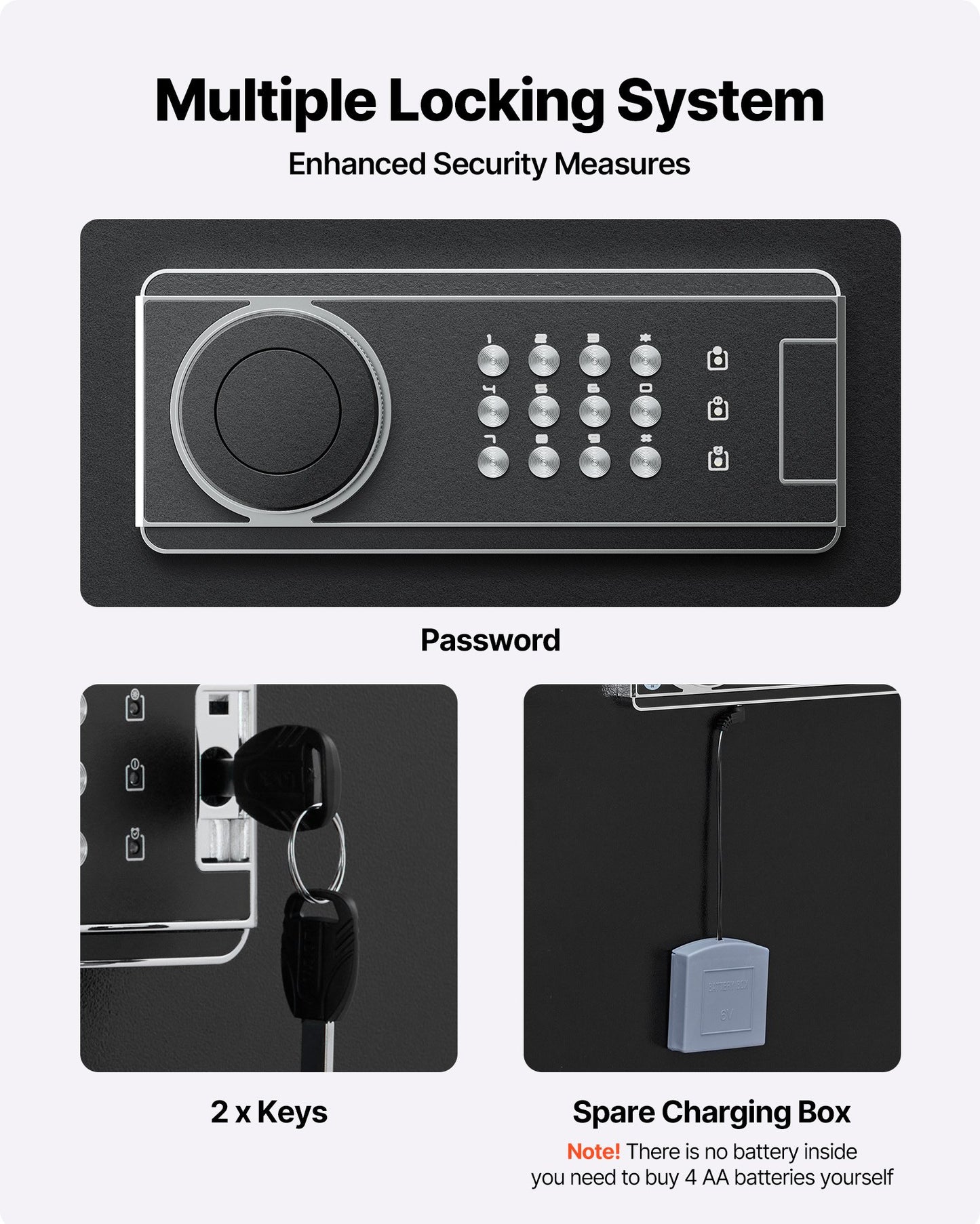 Vapenskåp för 6-8 personer, långt vapenskåp för gevär och pistoler, snabbtillgängligt gevärskåp med 3 ammunitionsfack och 2 justerbara ställ, stort digitalt skåp med nyckel- och lösenordslås