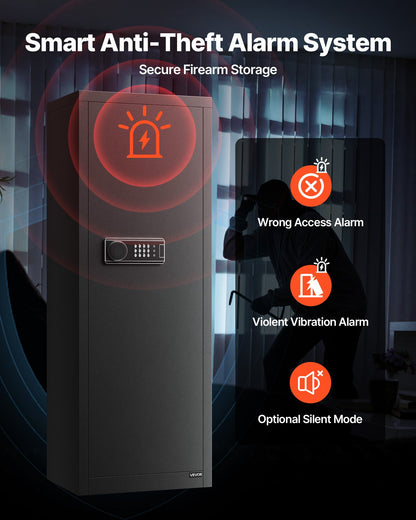 Vapenskåp för 6-8 personer, långt vapenskåp för gevär och pistoler, snabbtillgängligt gevärskåp med 3 ammunitionsfack och 2 justerbara ställ, stort digitalt skåp med nyckel- och lösenordslås