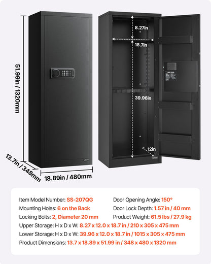 Vapenskåp för 6-8 personer, långt vapenskåp för gevär och pistoler, snabbtillgängligt gevärskåp med 3 ammunitionsfack och 2 justerbara ställ, stort digitalt skåp med nyckel- och lösenordslås