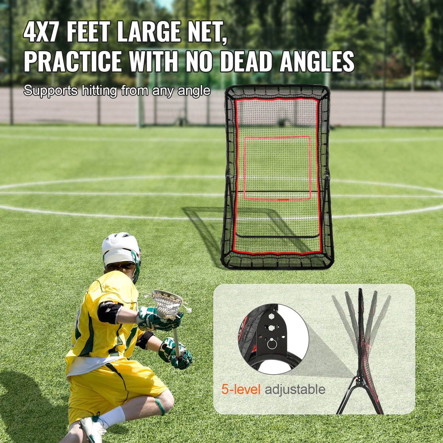 Lacrosse-rebounder för trädgården, 1219,2 x 2133,6 mm volleyboll-studsnät, pitchback throwback baseboll softboll returträningsskärm, justerbar vinkel för skjutövning med måltavla