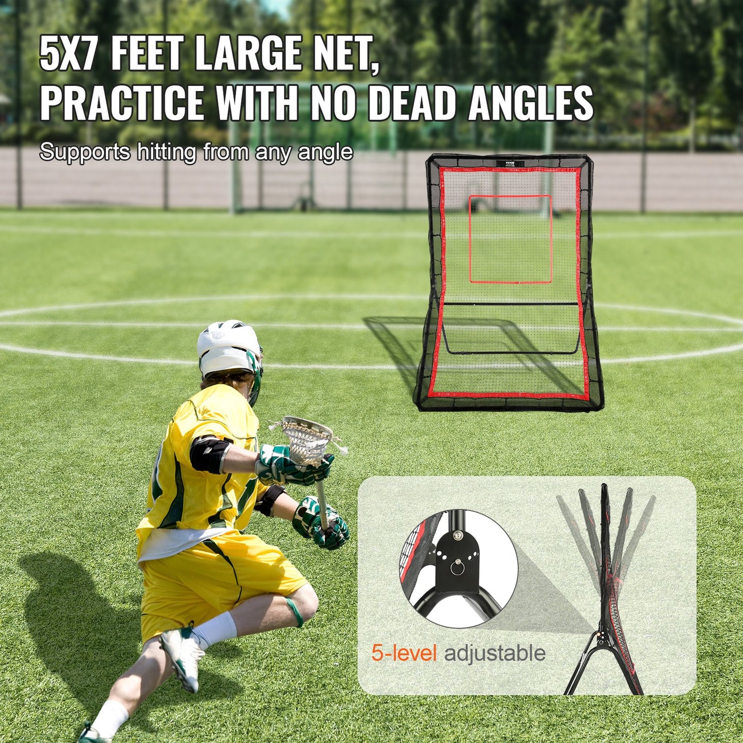 Lacrosse-rebounder för trädgården, 1524 x 2133,6 mm volleyboll-studsnät, pitchback throwback baseboll softboll returträningsskärm, justerbar vinkel skjutövningsvägg med måltavla