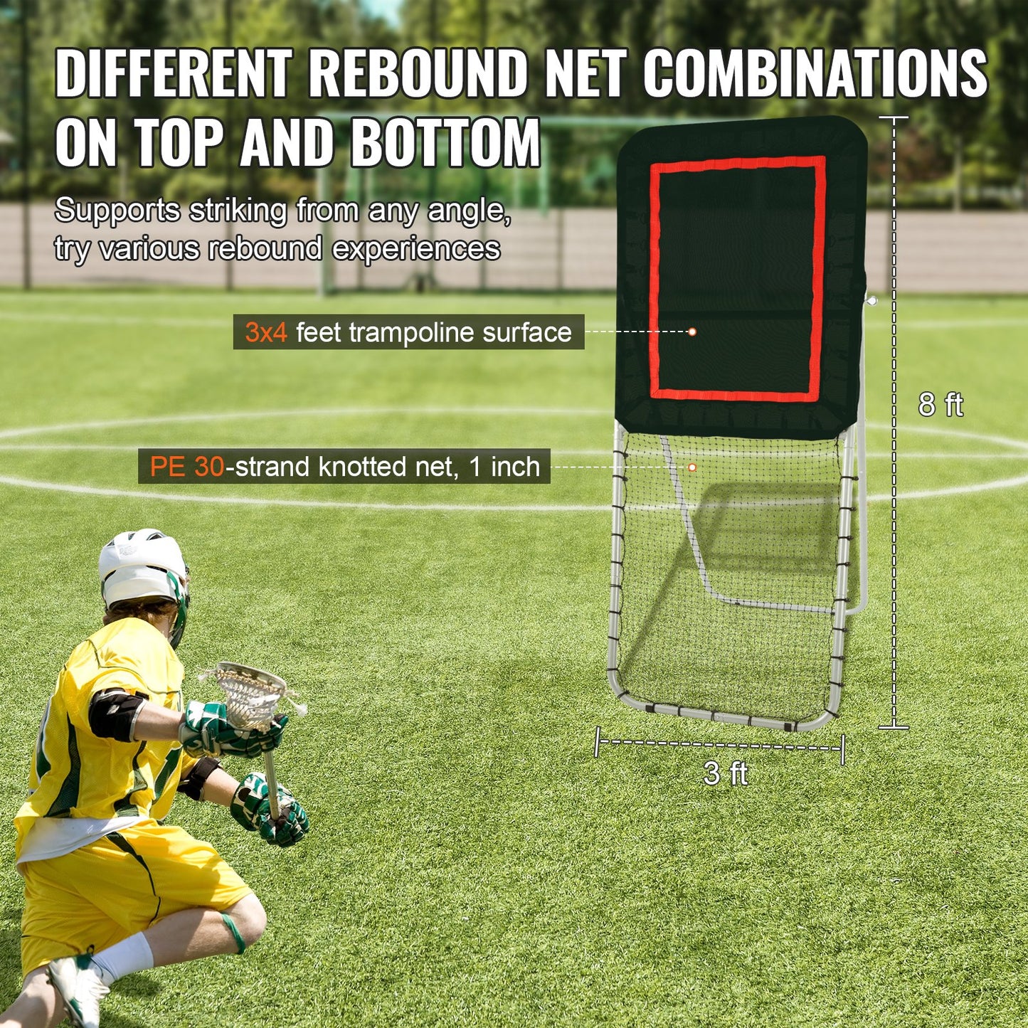 Hopfällbar lacrosse-rebounder för trädgården, 3x8 fot volleyboll-studsnät, pitchback throwback baseboll softboll returträningsskärm, justerbar vinkel skjutövningsvägg, svart