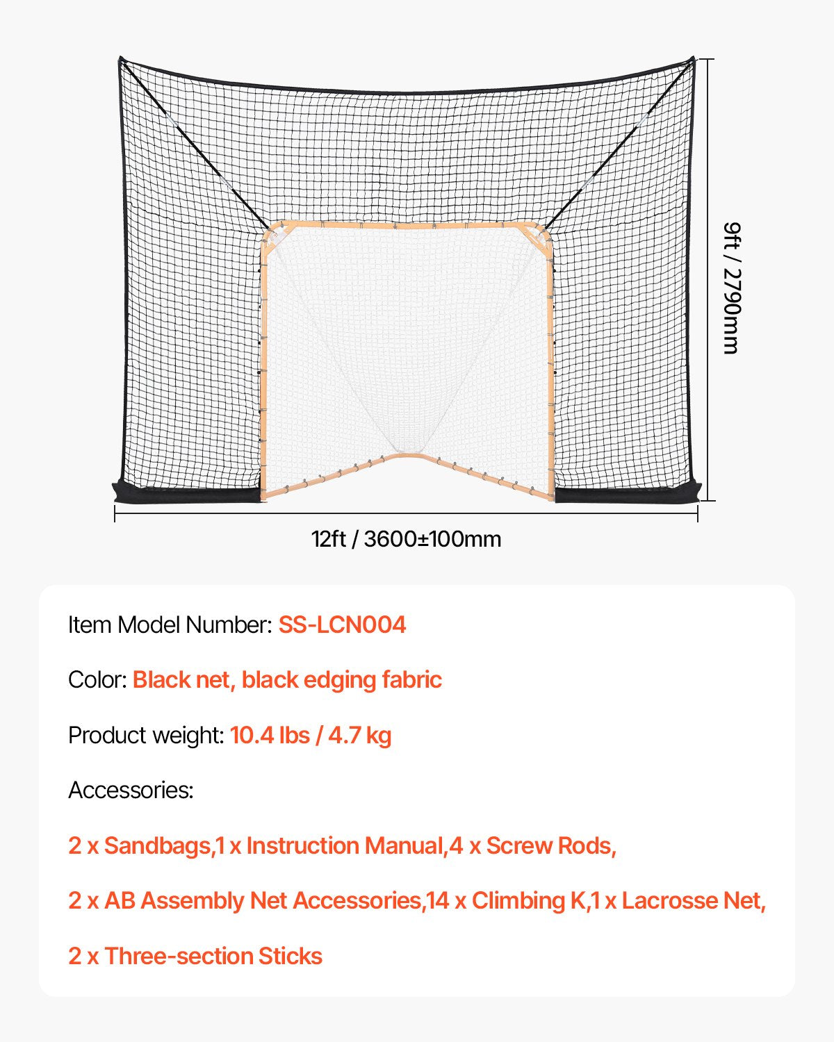 Hockey- och lacrossemålsskydd, 3,6x2,7 m lacrossenät med utökad täckning, snabb och enkel installation, kompletta tillbehör, träningsnät, lacrosseutrustning för bakgård, för ungdomar och vuxna (ENDAST NÄT)