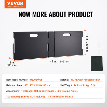 Fotbollsrebounderbräda, 45"x13" bärbar fotbollsvägg med 2 vinklar för rebound, hopfällbar HDPE kickback-reboundbräda, fotbollsträningsutrustning för barn och vuxna, passnings- och skottträning