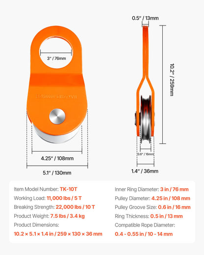 10 T vinschblock, kapacitet 22 000 lbs block och taljesystem, fungerar med 0,4" - 0,55" rep, vinschkroktillbehör, kraftigt terrängbärgningstillbehör för lastbil traktor ATV UTV