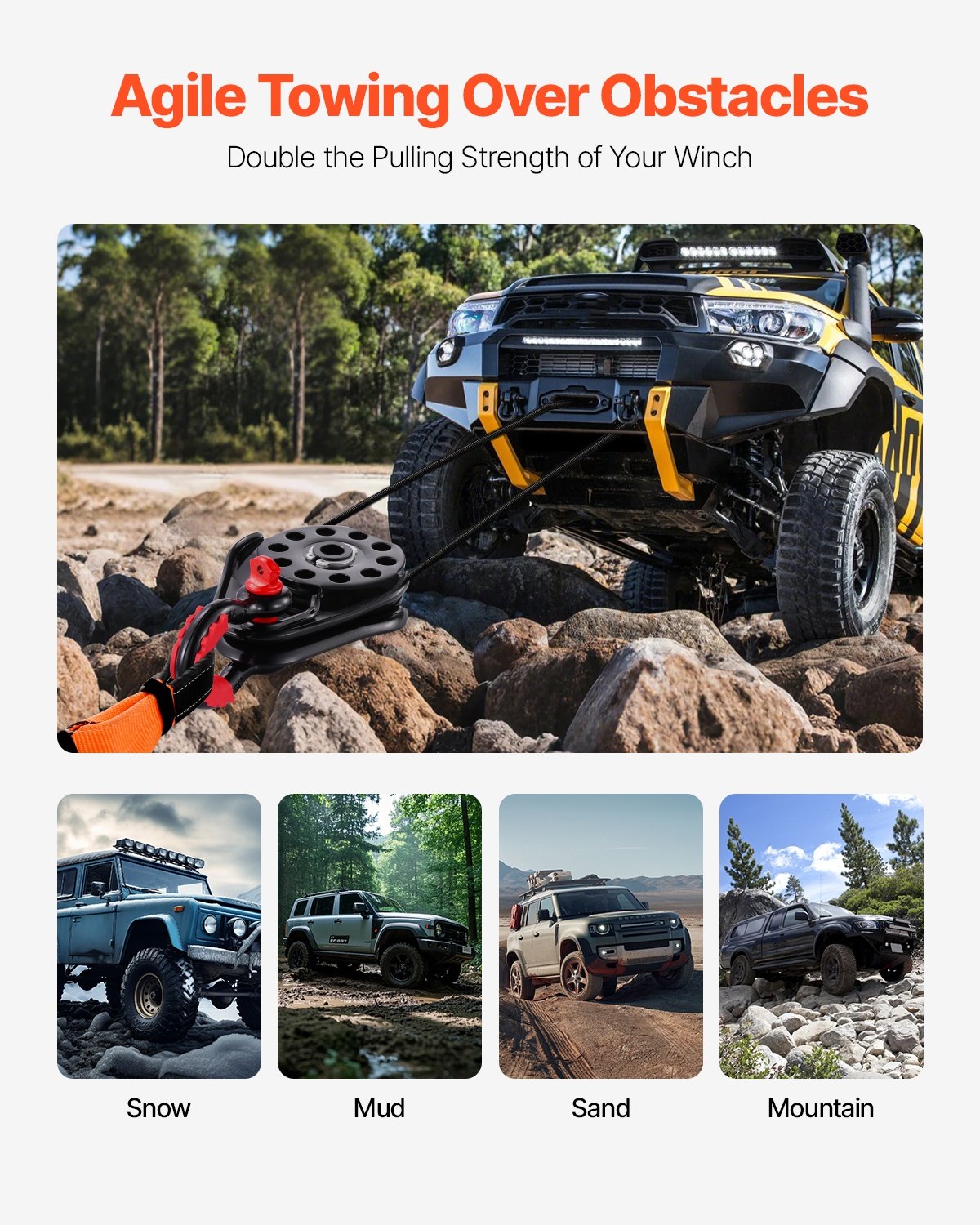 30 T ryckblock för vinschbärgning, 66 000 lbs brottstyrka remskiva system med 0,4" - 0,55" rep, kraftigt terrängbärgningstillbehör för bogsering och bärgning på lastbil, traktor, ATV och UTV