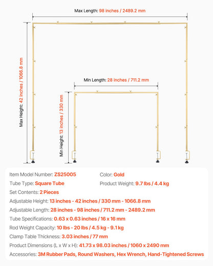 Stativ för bordsstänger med klämmor, 33-102 cm högt och 74-91 cm längdjusterbart, 2-pack bordsbågsstativ, bordsram med ballongbåge för bröllop, födelsedagsfest, juldekorationer, guld