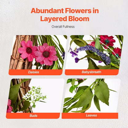 Konstgjord dekorativ krans, 22 tum, rosa grön, dekorerad med prästkragar, babysång, knoppar, året runt-krans för alla årstider inomhus och utomhus hem vägg fönster festival bröllopsdekorationer