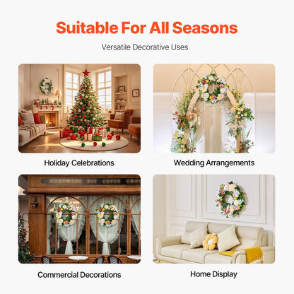 Konstgjord dekorativ krans, 60 cm, vit rosa gul, dekorerad med pioner, hortensior, året runt-krans för alla årstider inomhus och utomhus hem vägg fönster festival bröllopsdekorationer