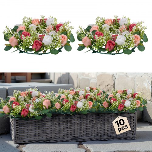 Konstgjord roskrans, 340 mm diameter konstgjord blomkrans med rosa och vita rosor, blomsterarrangemang mittpunkt för alla hjärtans dag, mors dag, fest, bröllop och heminredning, 10 st