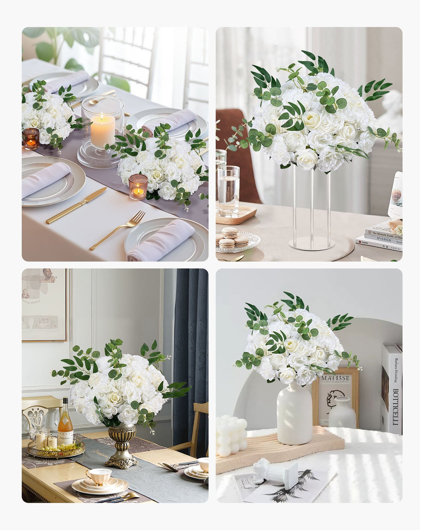 Blombollarrangemang Bukett 10 st, 450 mm diameter Konstgjorda blombollar Vita rosor Bröllopsbordsdekorationer, Konstgjorda blomsterarrangemang för bröllopsbordsdekorationer Hembordsdekorationer