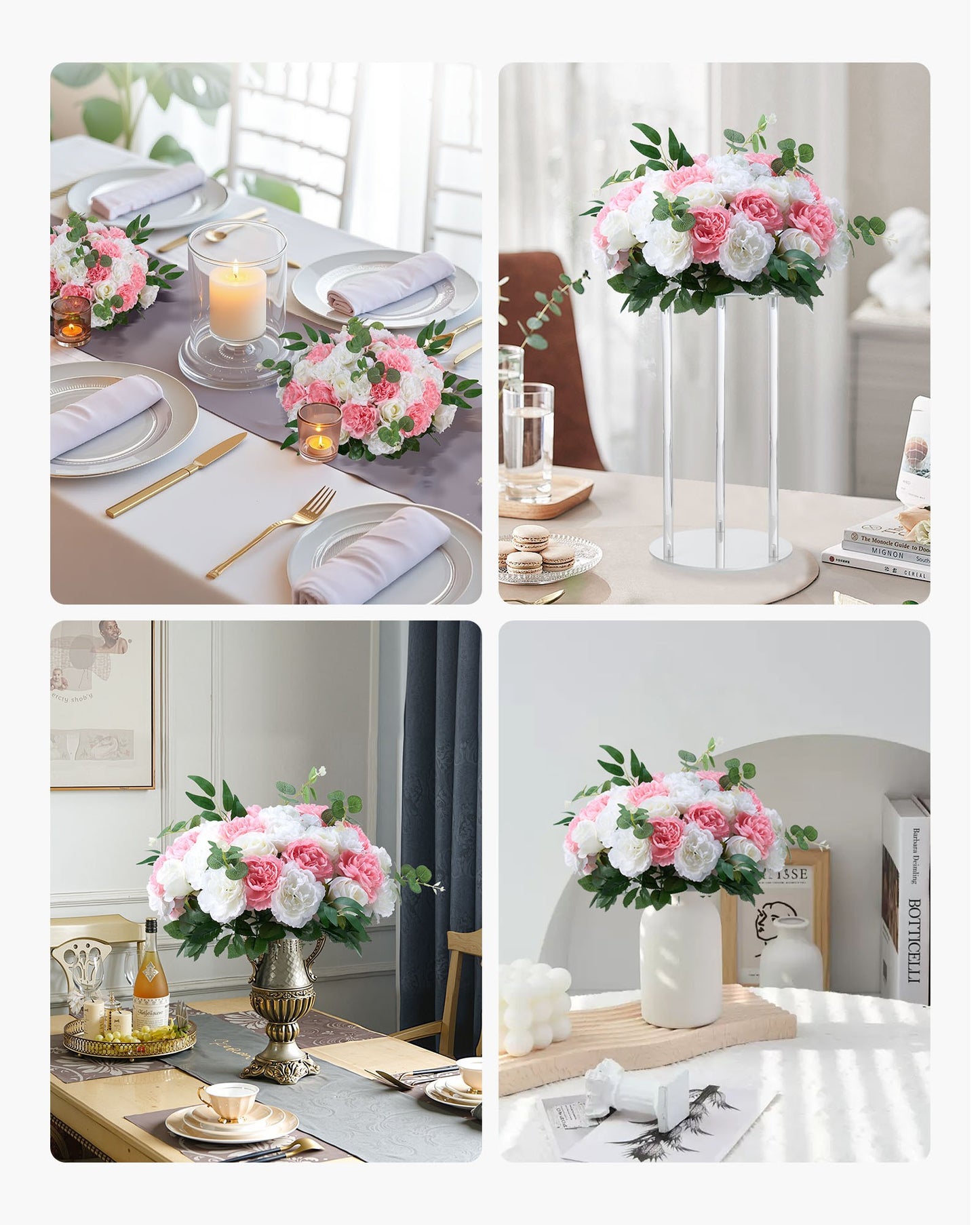 Blombollsarrangemang Bukett 10 st, 450 mm diameter Konstgjorda blombollar Bröllopsbordsdekorationer, Rosarrangemang för bröllopsbordsdekorationer Heminredning, Rosa och vita rosor