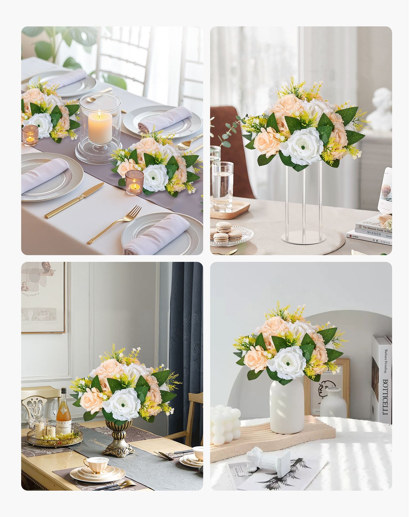 Blombollsarrangemang Bukett 10 st, 240 mm diameter Konstgjorda Blombollar Bröllopsbordsdekorationer, Rosenarrangemang för bröllopsbordsdekoration Hemdekoration, Champagne &amp; Vita Rosor