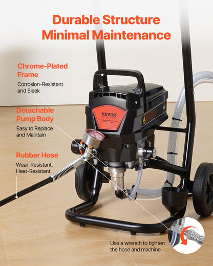 Stativ Airless Färgspruta, 950W 3000PSI Högeffektiv Elektrisk Airless Spruta Med Vagn, Fin Och Jämn Målningseffekt, Färgsprutor För Heminredning Och Utomhusmöbler Och Staket