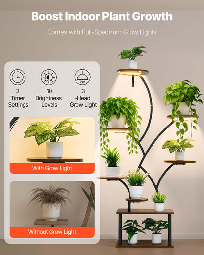 Växtställ för inomhusbruk med odlingslampor, 157,5 cm högt 8-våningars upplyst växthylla, metallhörnhållare för växter, 3 timer och 10 ljusstyrkor, trädformat blomställ för vardagsrumsbalkongdekor