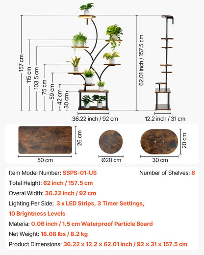 Växtställ för inomhusbruk med odlingslampor, 157,5 cm högt 8-våningars upplyst växthylla, metallhörnhållare för växter, 3 timer och 10 ljusstyrkor, trädformat blomställ för vardagsrumsbalkongdekor
