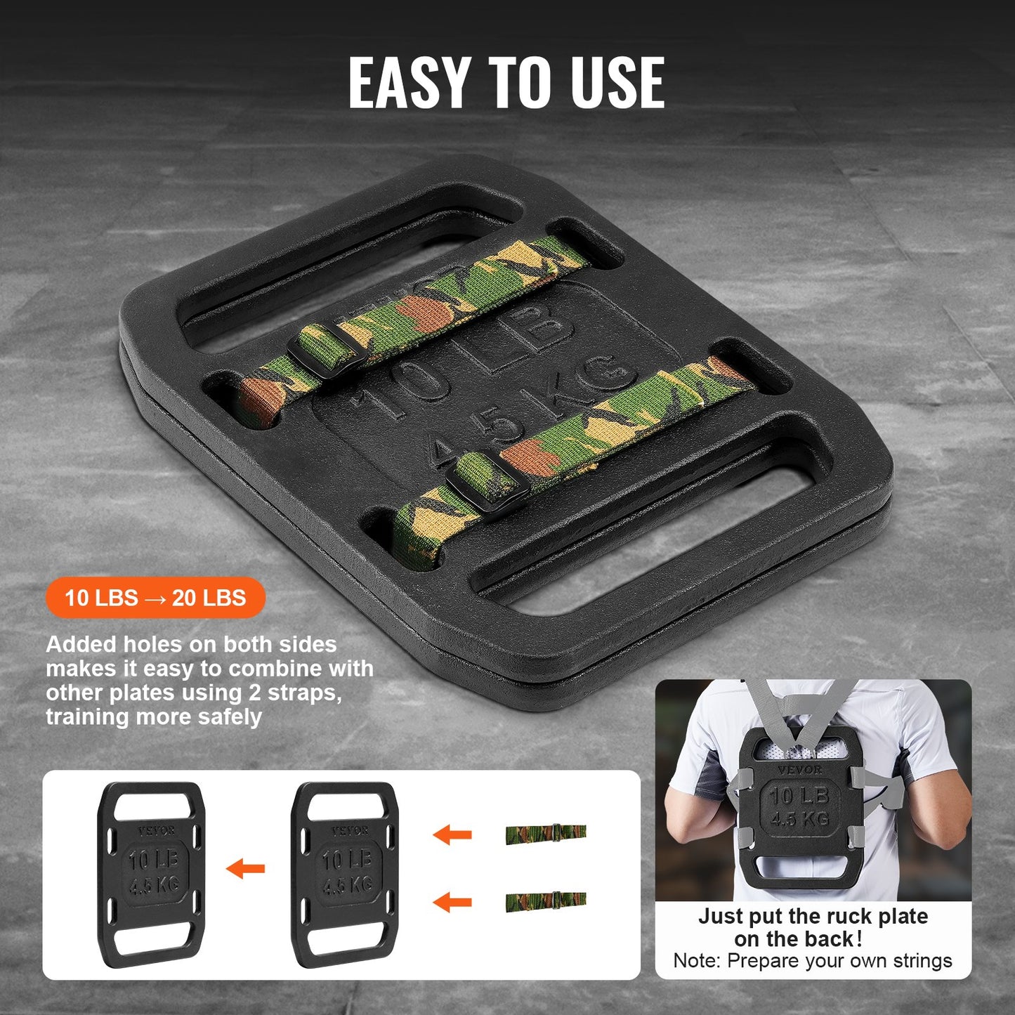 Gjutjärnsvikter för ruck, 10 lb par ruckplatta, viktade vikter för rucking, justerbar ruckplatta med remmar, för rucking, gungor, knäböj, styrketräning, tyngdlyftning, fitnessträning