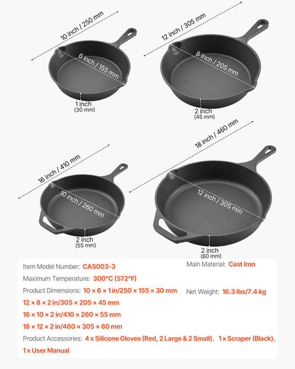 Gjutjärnspanna, 4-delat stekpannset (155, 205, 260, 305 mm), Stekpannor med värmebeständigt silikonhandtag, Förkryddat kockpannställ, Köksredskap, Ugn, Gas, Elektrisk, Induktion, Svart