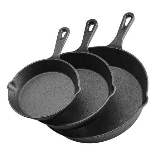 Gjutjärnspanna, 3-delat stekpannset (160, 220, 265 mm), Kraftiga stekpannor med värmebeständigt handtag, Förkryddat kockpannställ, Köksredskap, För ugn, gas, el, induktion, svart