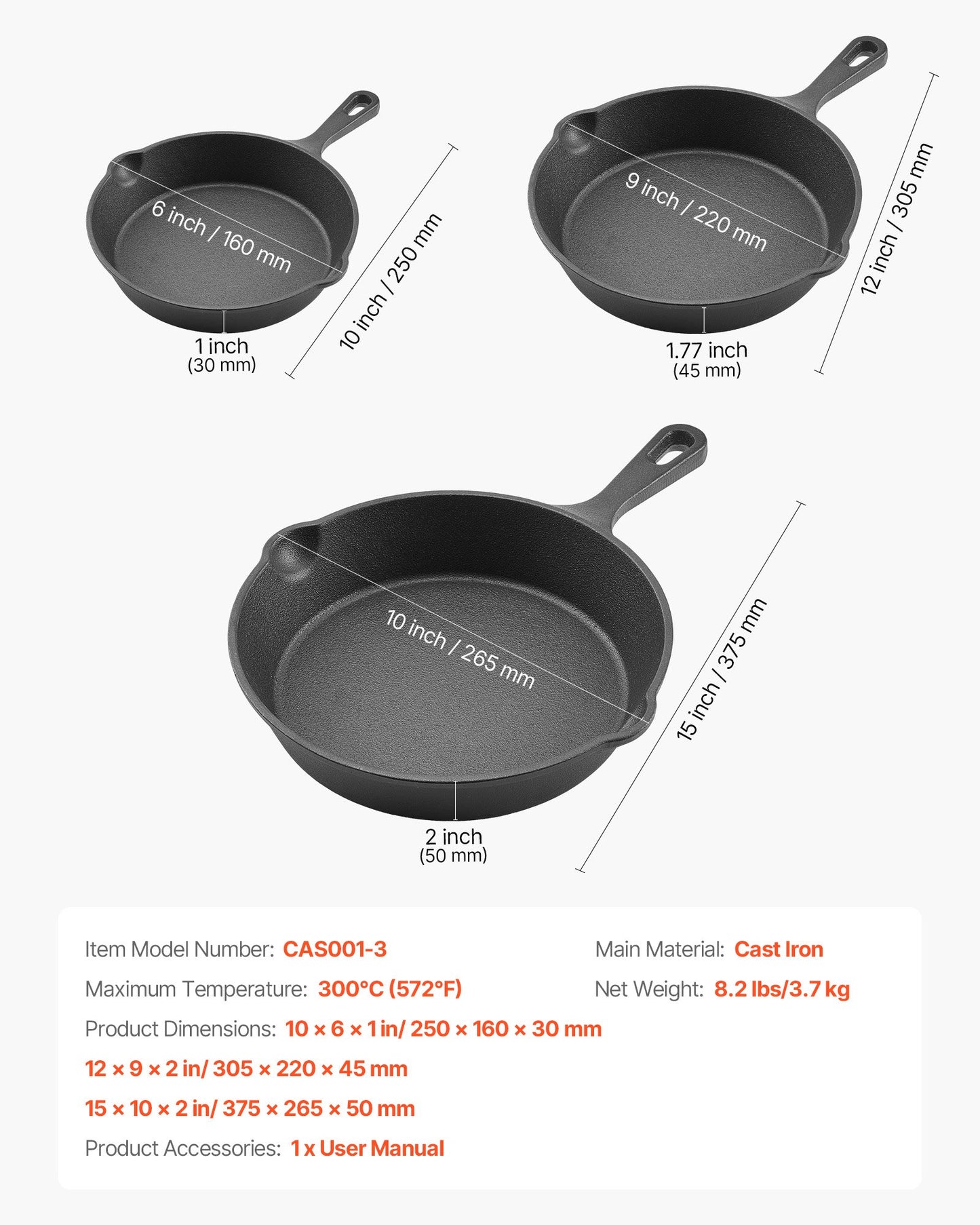 Gjutjärnspanna, 3-delat stekpannset (160, 220, 265 mm), Kraftiga stekpannor med värmebeständigt handtag, Förkryddat kockpannställ, Köksredskap, För ugn, gas, el, induktion, svart