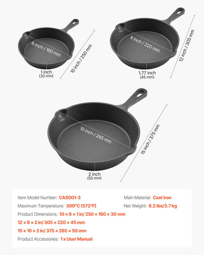 Gjutjärnspanna, 3-delat stekpannset (160, 220, 265 mm), Kraftiga stekpannor med värmebeständigt handtag, Förkryddat kockpannställ, Köksredskap, För ugn, gas, el, induktion, svart
