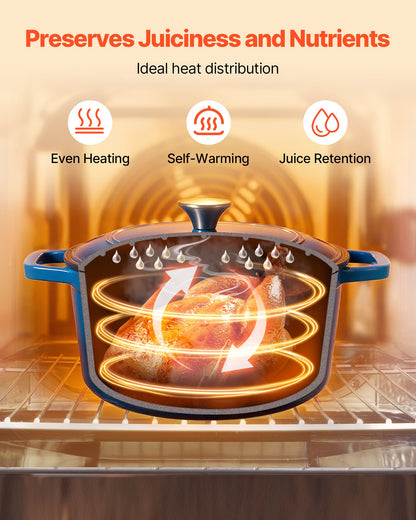 Emaljerad gjutjärnsgryta, 5,7 liters kastrull med lock och dubbla handtag, kraftig och hållbar stekpanna, kompatibel med induktionsugn upp till 260 ℃, för bräsering, grytor, stekning, brödbakning, blå