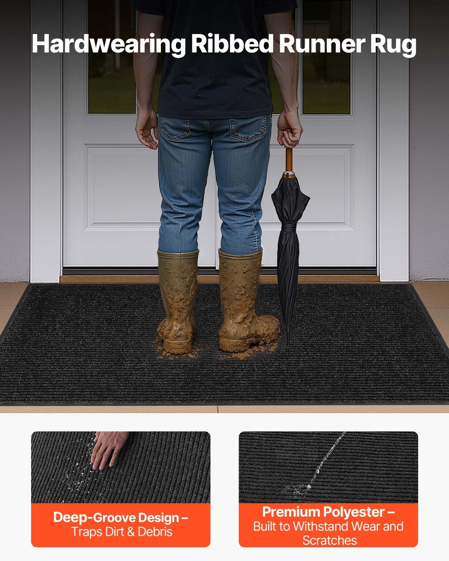 Matta för ytterdörren, 1524 x 914 mm kommersiell golvmatta för inomhus och utomhusbruk, snygg randig industrimatta med PVC-baksida, kraftig tvättbar entrématta för hall, balkong, garage, grå