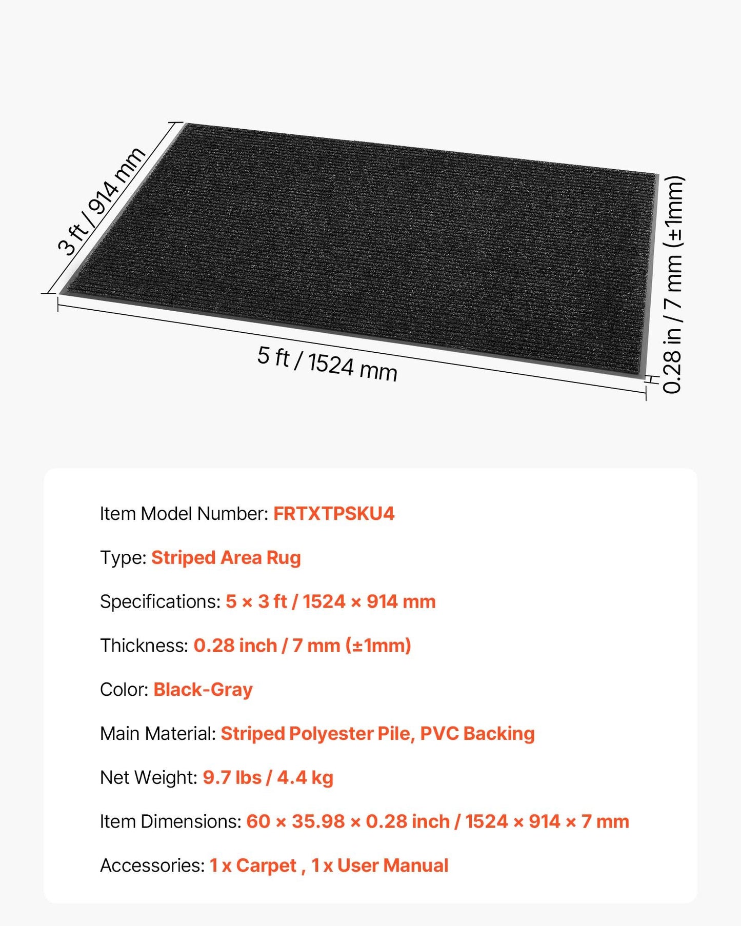 Matta för ytterdörren, 1524 x 914 mm kommersiell golvmatta för inomhus och utomhusbruk, snygg randig industrimatta med PVC-baksida, kraftig tvättbar entrématta för hall, balkong, garage, grå