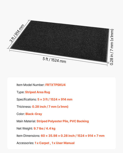 Matta för ytterdörren, 1524 x 914 mm kommersiell golvmatta för inomhus och utomhusbruk, snygg randig industrimatta med PVC-baksida, kraftig tvättbar entrématta för hall, balkong, garage, grå