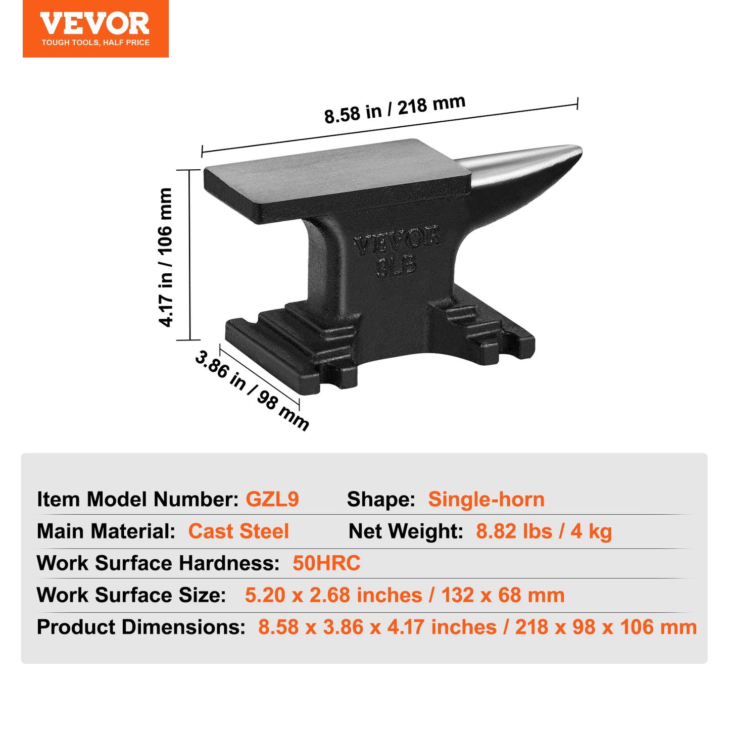 Enkelhornsstäd, 4 kg städ i gjutstål, höghårdhet, robust runt hornstäd, smed, kompakt design och stabil bas, smidesverktyg och utrustning, metallsmedsverktyg för bockning och formning