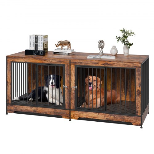 75" hundbursmöbler för 2 hundar, extra stora dubbelhundbursmöbler för stor ras med avdelare och dubbeldörrar, stora hundbursmöbler i trä, TV-stativ för medelstora hundar, brunt