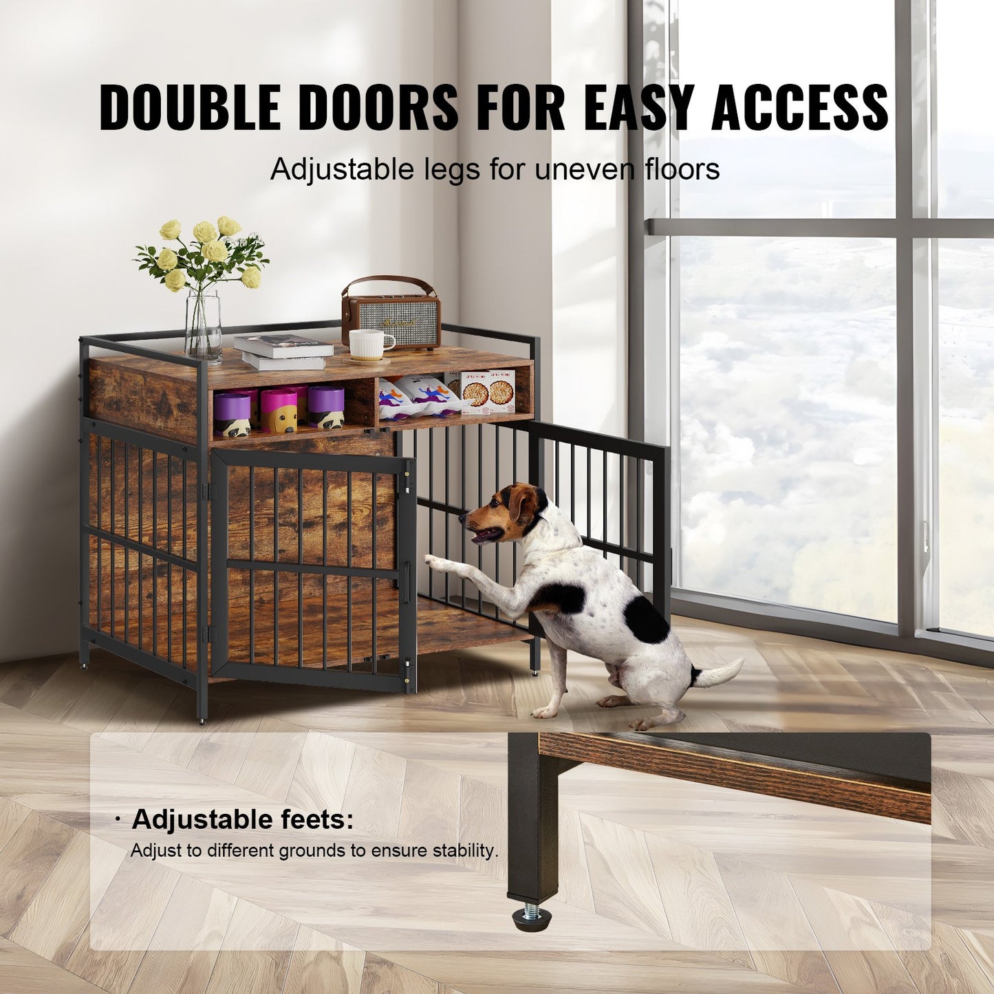 Furniture Style Dog Crate with Storage, 104.1 cm Dog Crate Furniture Large Breed with Double Doors, Wooden Dog Cage for Large/Medium Dog Indoor, Hold up to 31.8 kg, Rustic Brown