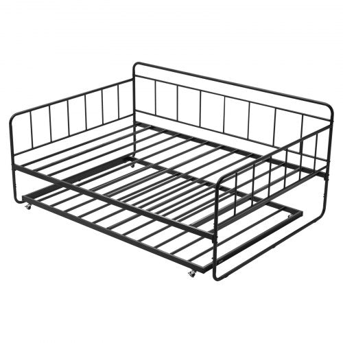 Fullstor dagbäddsram, dagbädd med utdragssäng, kraftig metallplattformssängram, hel dagbädd med metallribbor för vardagsrum, sovrum, gästrum, enkel montering, svart
