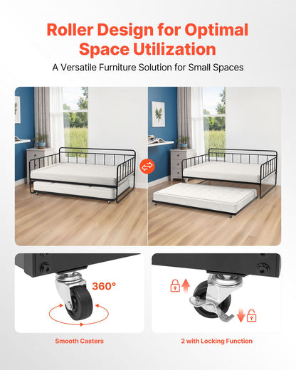 Full Size Daybed Frame, Day Bed with Trundle, Heavy Duty Metal Platform Bed Frame, Full Daybed with Metal Slats Support for Living Room, Bedroom, Guest Room, Easy Assembly, Black