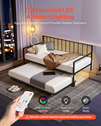 Dubbel dagbäddsram, höjdjusterbar dagbädd med utdragbar säng, kraftig metallplattformssängram med LED-ljus och laddningsstation, dubbel dagbädd med metallribbor för vardagsrum, sovrum