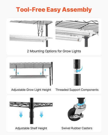 DIY Plant Shelf with Grow Lights, 180cm Tall Indoor Plant Stand with Wheels, 192W 5000K Full Spectrum Grow Lights, Heavy Duty Metal Plants Display Rack, Flower Pot Holder for Seed Starting