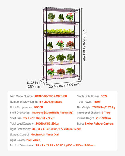 Växthylla med odlingslampa, 6-vånings stativ för inomhusväxter, 180 cm högt displayställ för inomhusväxter med hjul och timer, 150W 3800K fullspektrum odlingslampor, metallkrukhållare för fröplantering