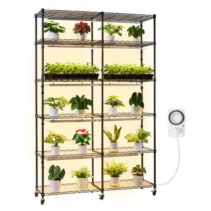 Växthylla med odlingslampa, 6-våningars dubbelradigt växtställ, 180 cm högt displayställ för inomhusväxter med hjul och timer, 200W fullspektrum odlingslampor, metallkrukhållare för frösådd