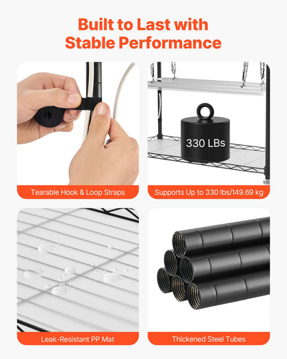 Inomhusväxthus med odlingslampa, 150 cm högt växtställ med 4 nivåer och genomskinligt lock, timer och hygrometer, 180 W fullspektrums odlingslampor, metallhylla för upplysta växter för inomhusväxter