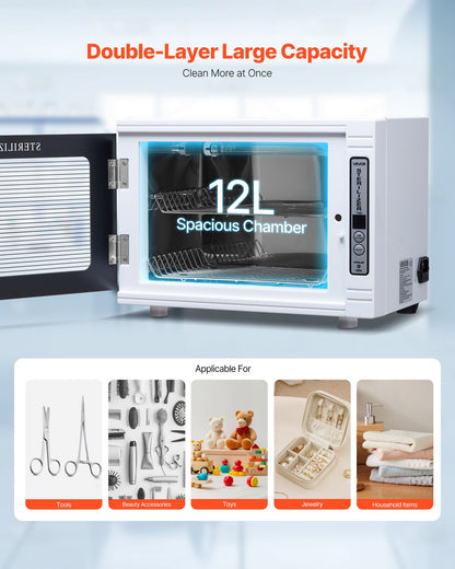 Nagelverktygsrengöringsmaskin, 12L stor kapacitet, verktygsskåpsrengöringslåda med timerinställning, härdat glasdörr, 185nm våglängd, för laboratorier, hem, nagelsalonger, hårstudior, skönhetssalonger