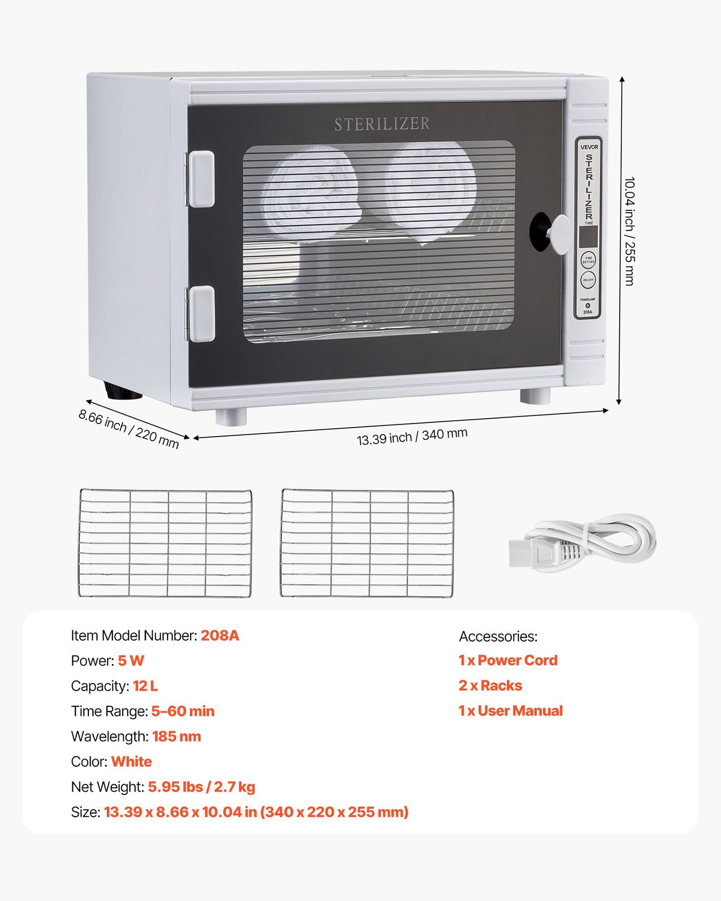 Nagelverktygsrengöringsmaskin, 12L stor kapacitet, verktygsskåpsrengöringslåda med timerinställning, härdat glasdörr, 185nm våglängd, för laboratorier, hem, nagelsalonger, hårstudior, skönhetssalonger