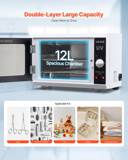 Nagelverktygsrengöringsmaskin, 12L stor kapacitet, vredkontroll, verktygsskåpsrengöringslåda med timerinställning, härdat glasdörr, 185nm våglängd, för laboratorier, hem, nagelsalonger, skönhetssalonger