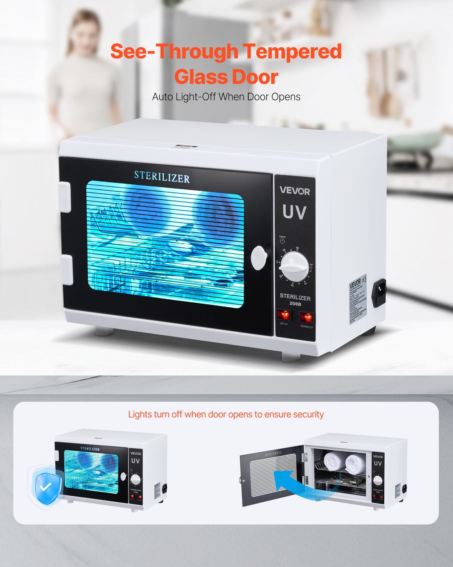 Nagelverktygsrengöringsmaskin, 12L stor kapacitet, vredkontroll, verktygsskåpsrengöringslåda med timerinställning, härdat glasdörr, 185nm våglängd, för laboratorier, hem, nagelsalonger, skönhetssalonger