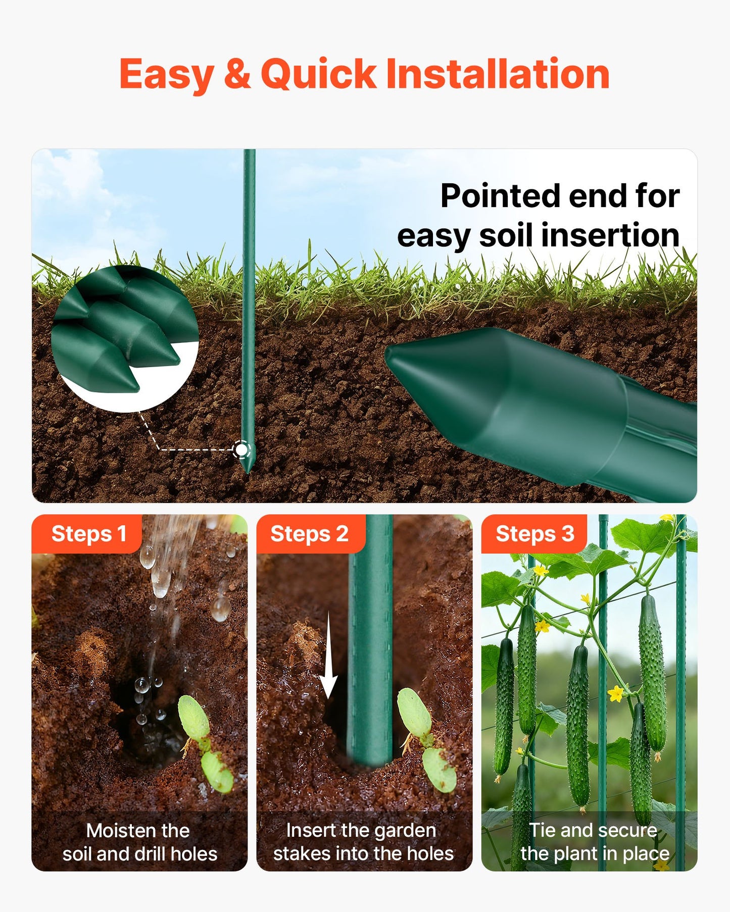 Garden Stakes, 50 Pack, 1455 mm, Plastic Coated Metal Tomato Stakes, Garden Sticks for Plants Support, with Pointed End and Non-Slip Bumps for Growing Climbing Plants, Outdoor Vegetables