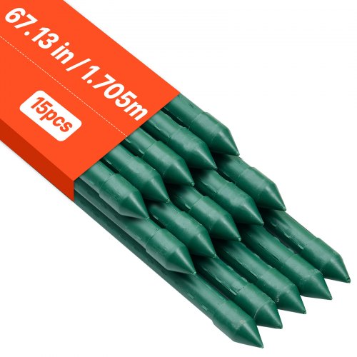 Garden Stakes, 15 Pack, 1705 mm, Plastic Coated Metal Tomato Stakes, Garden Sticks for Plants Support, with Pointed End and Non-Slip Bumps for Growing Climbing Plants, Outdoor Vegetables