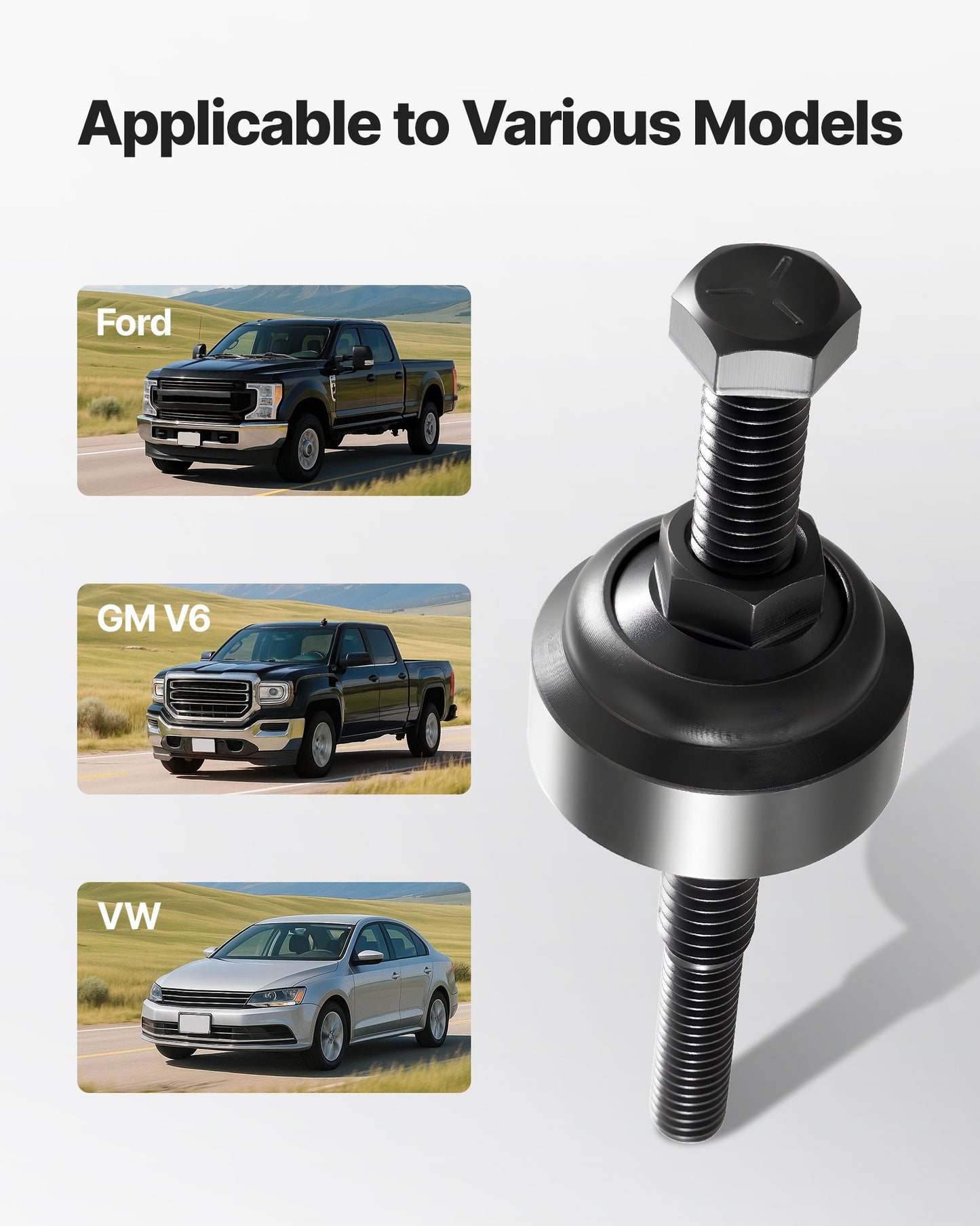 Verktygssats för avdragare/montering av servostyrningspumpens remskiva, kompatibel med Ford-, GM V6- och VW-fordon, verktyg för borttagning och montering av pumpremskivor, för demontering och montering av servostyrningspumpens remskivor