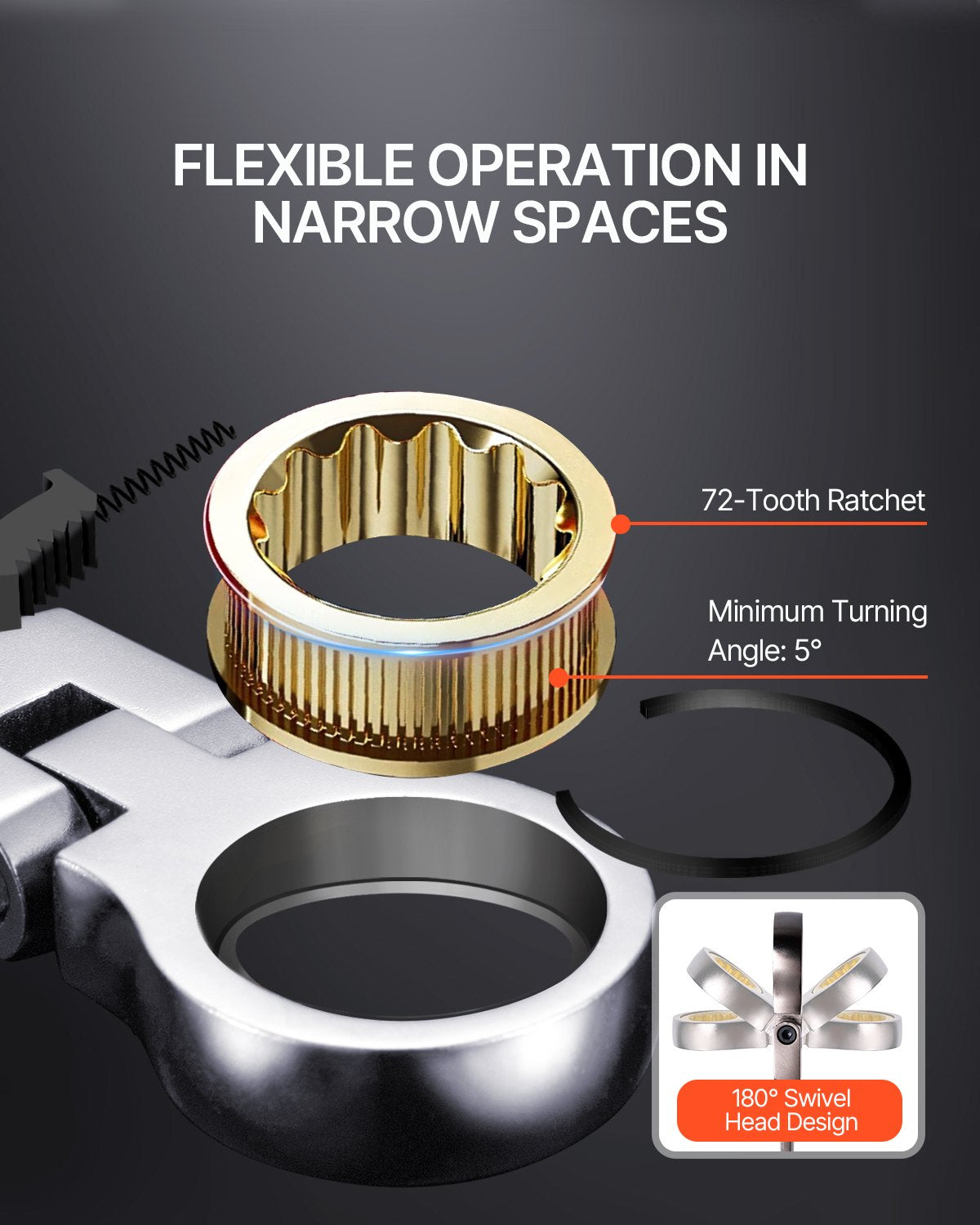 Spärrnyckelsats med flexibelt huvud, 8-delat kombinationsnyckelsats med rullficka, flexibel spärrnyckelsats i Cr-V-stål, metrisk 8 mm till 17 mm, idealisk för vanliga hushåll, bilreparationer