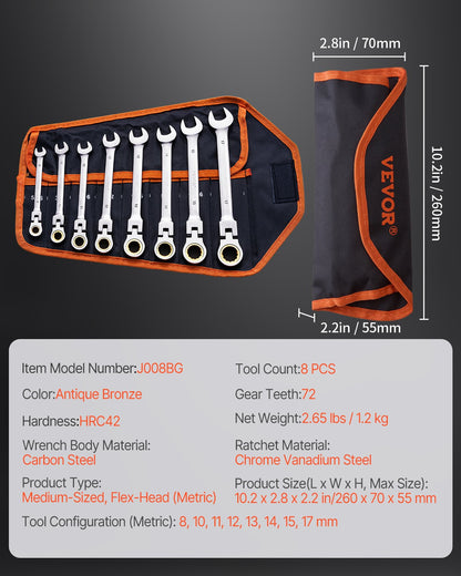 Spärrnyckelsats med flexibelt huvud, 8-delat kombinationsnyckelsats med rullficka, flexibel spärrnyckelsats i Cr-V-stål, metrisk 8 mm till 17 mm, idealisk för vanliga hushåll, bilreparationer
