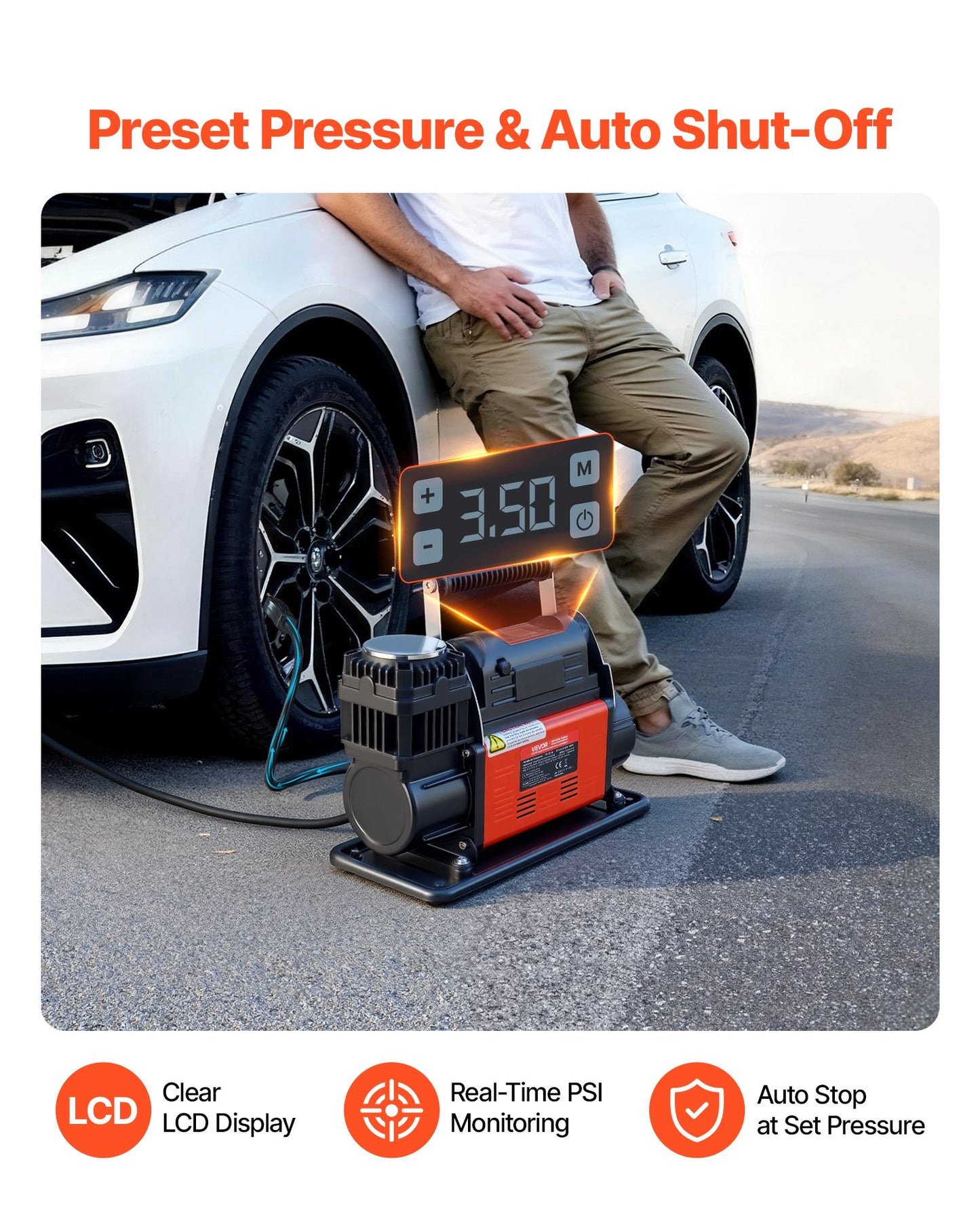 12V Heavy Duty Air Compressor, Auto-Stop Portable Tire Inflator with LCD Digital Display, 202 L/Min 150PSI Offroad Air Pump with Adapters for Trucks Car SUV 4 x 4 Vehicle RV