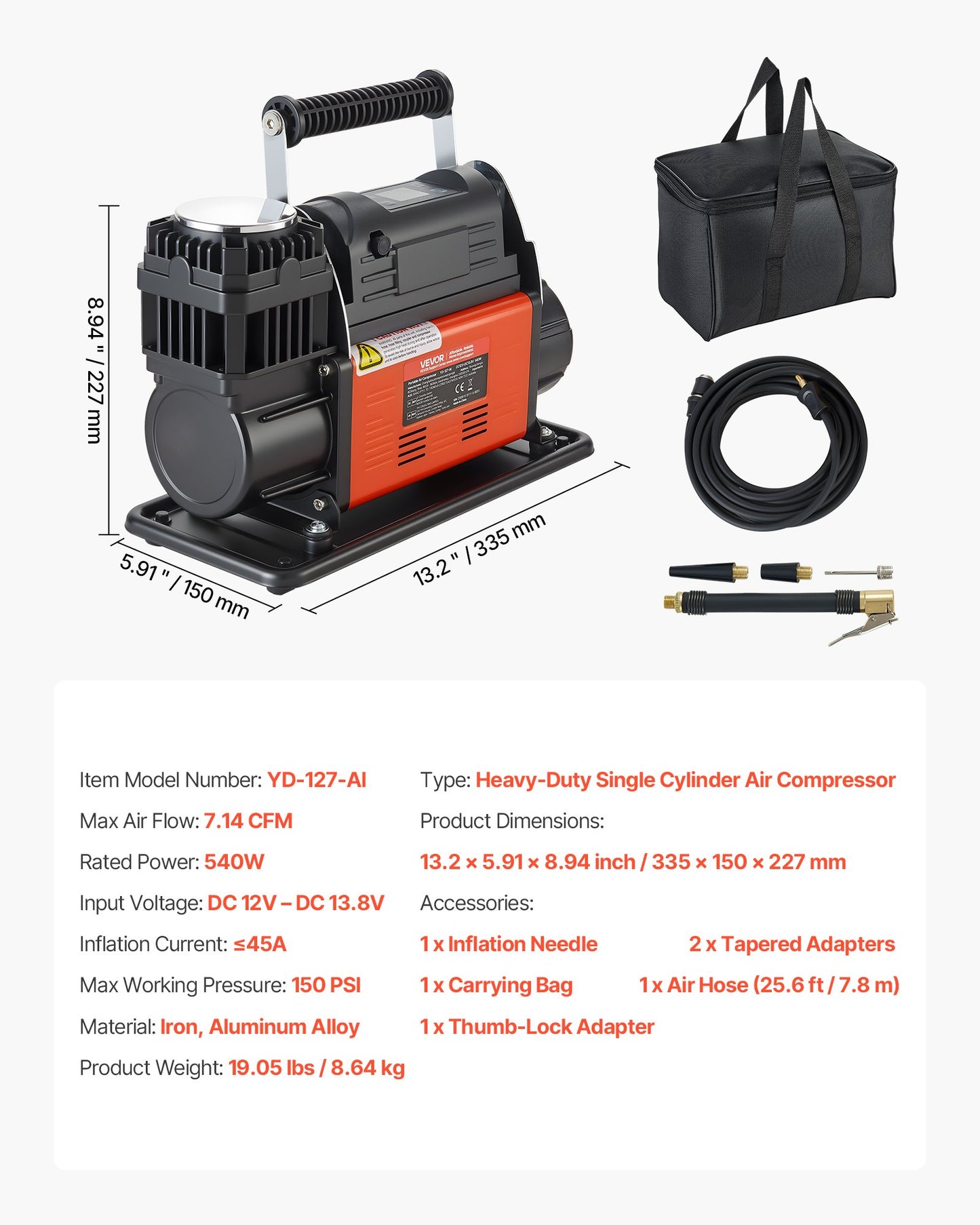12V Heavy Duty Air Compressor, Auto-Stop Portable Tire Inflator with LCD Digital Display, 202 L/Min 150PSI Offroad Air Pump with Adapters for Trucks Car SUV 4 x 4 Vehicle RV